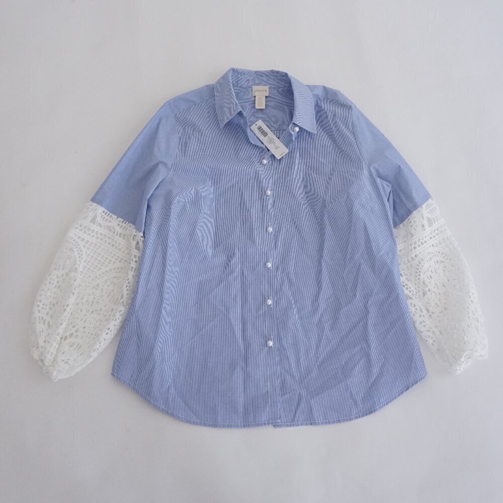 Chico's Blue White Stripe Lace Balloon Sleeve Button Up Cotton Blend Shirt 1P
